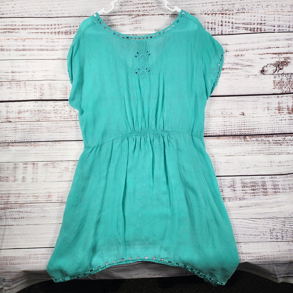 Johnny Was Embroidered Eyelet Boho Top Shirt Size M Reg Turquoise Blue V-Neck - Picture 3 of 7